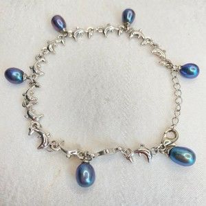 💎Dolphin Bracelet Silver Tone Chain Links With Indigo Blue Dangling Beads